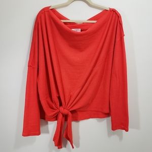 Umgee waffle knit long sleeve tie front orange oversized shirt womans size large